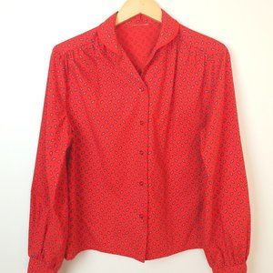 Vintage Red Blouse Paisley Details Puffy Sleeves